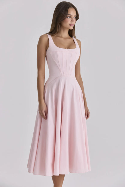 Jaime Pink Cotton Lace Up Midi Sundress