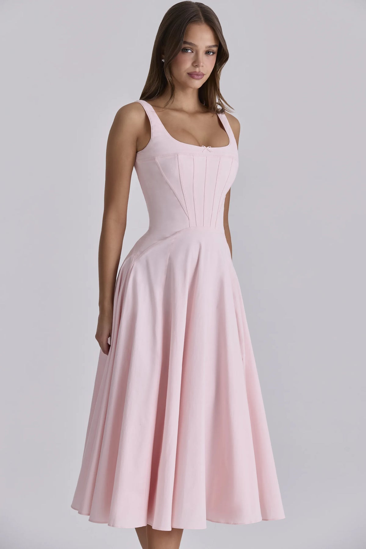 Jaime Pink Cotton Lace Up Midi Sundress