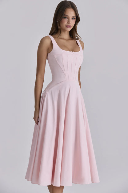 Jaime Pink Cotton Lace Up Midi Sundress