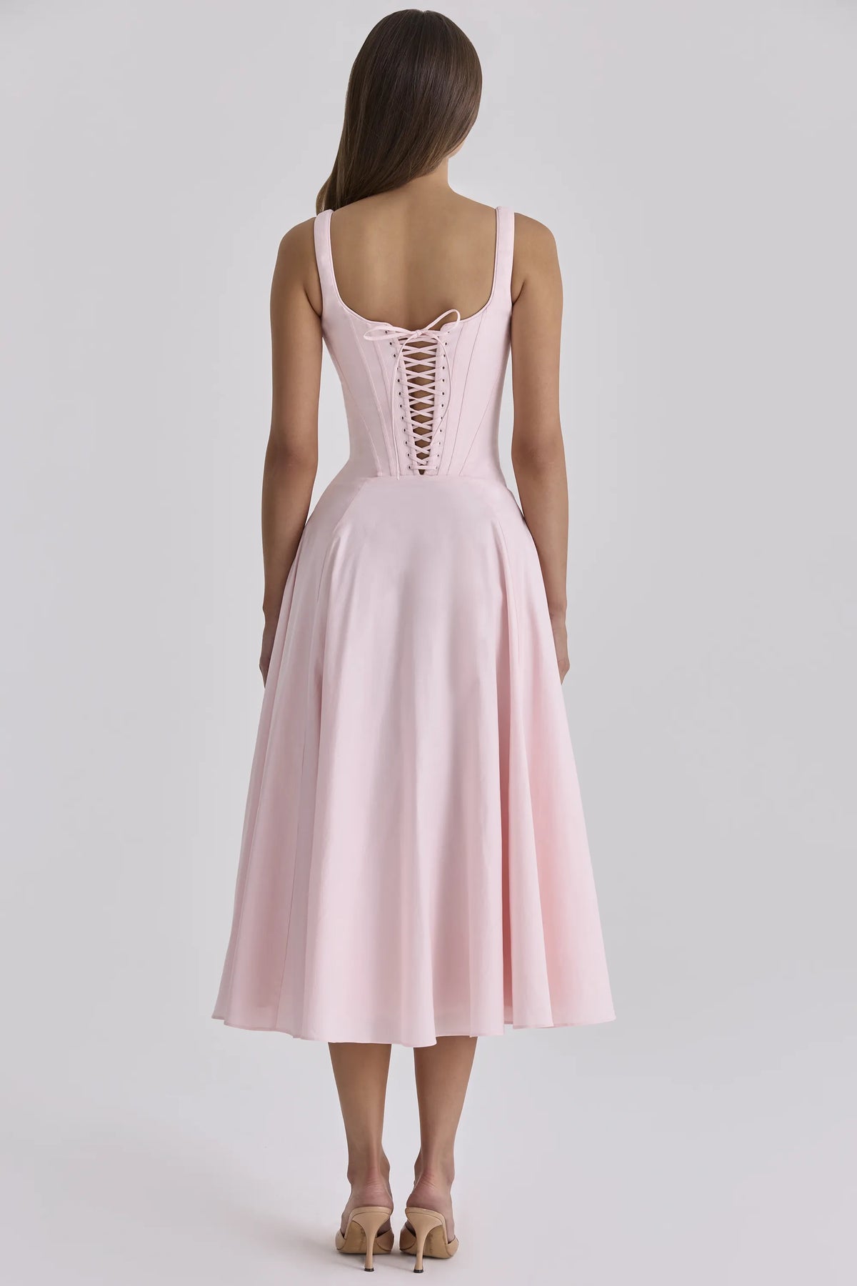 Jaime Pink Cotton Lace Up Midi Sundress