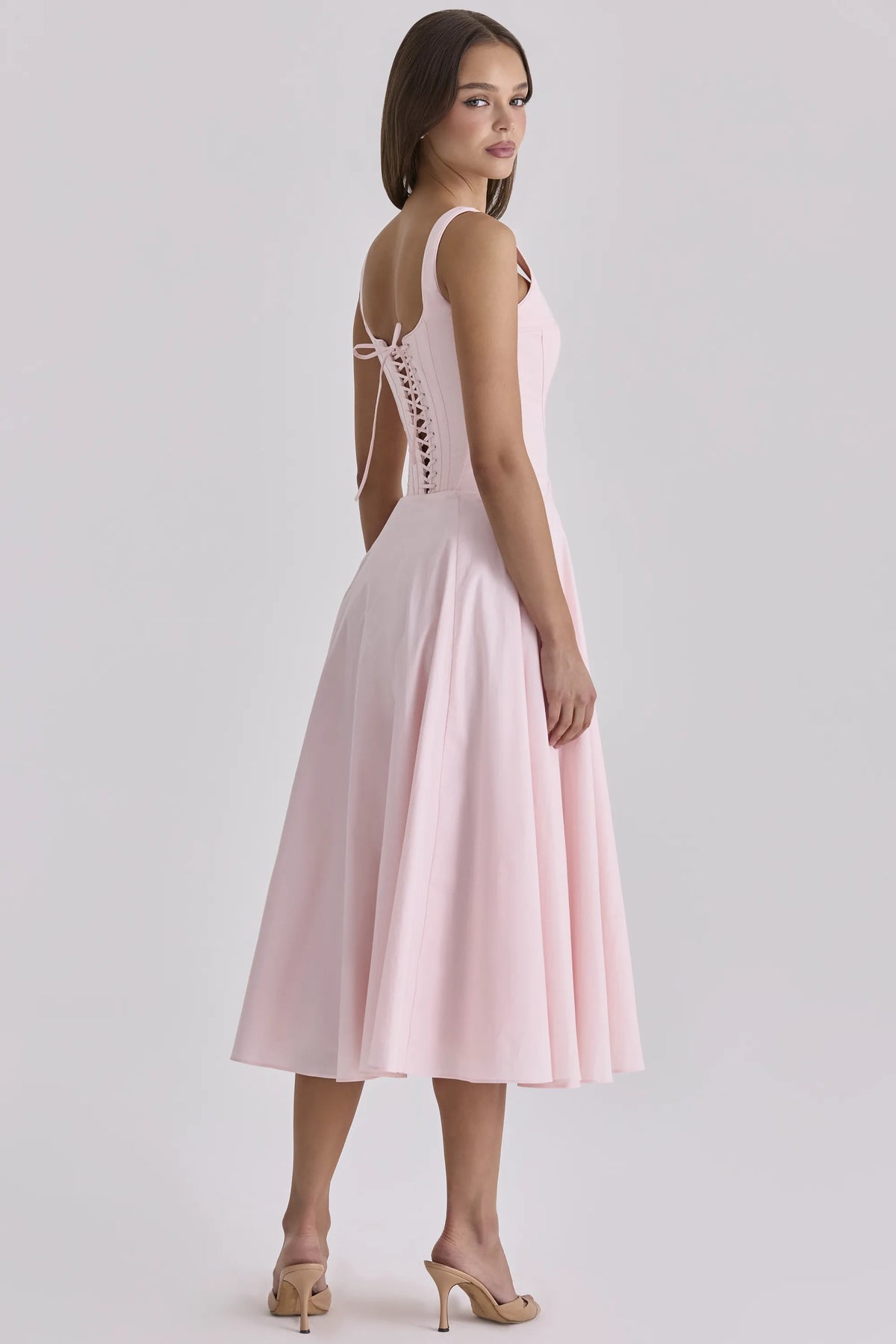 Jaime Pink Cotton Lace Up Midi Sundress