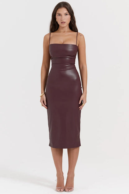 Jalena Mulberry Vegan Leather Lace Back Dress