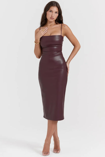 Jalena Mulberry Vegan Leather Lace Back Dress
