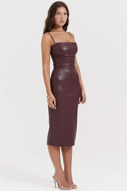 Jalena Mulberry Vegan Leather Lace Back Dress