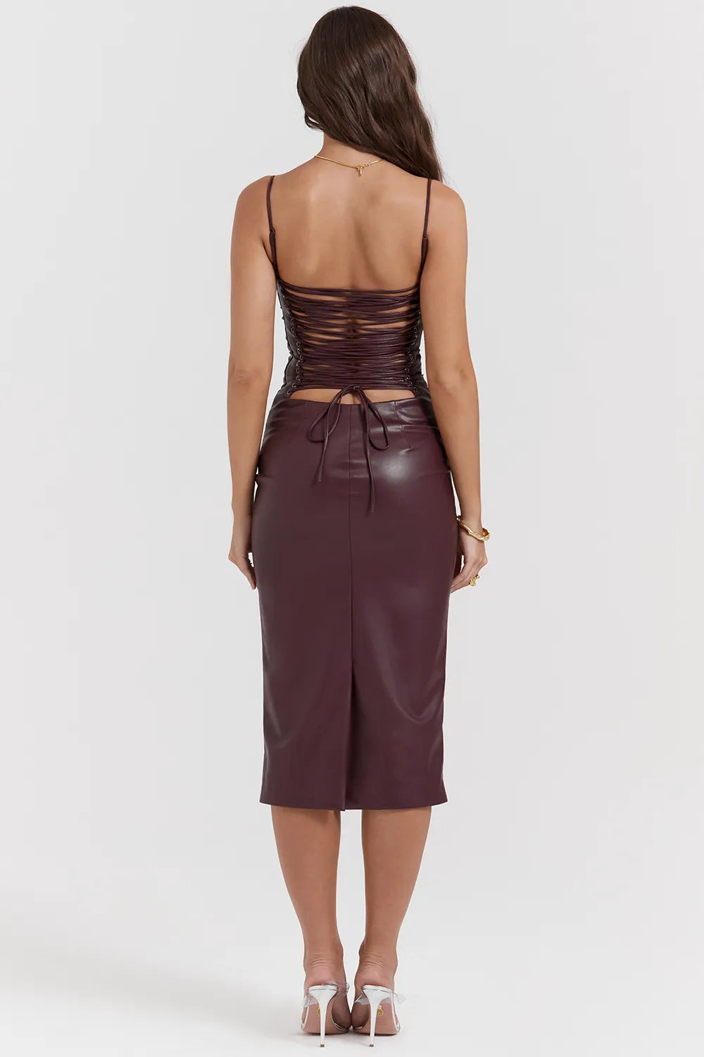 Jalena Mulberry Vegan Leather Lace Back Dress