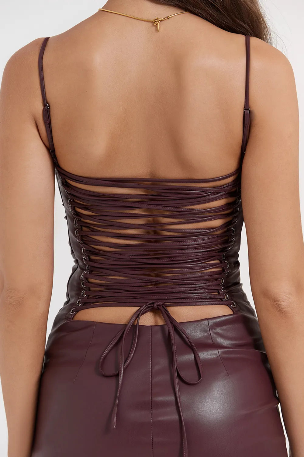 Jalena Mulberry Vegan Leather Lace Back Dress