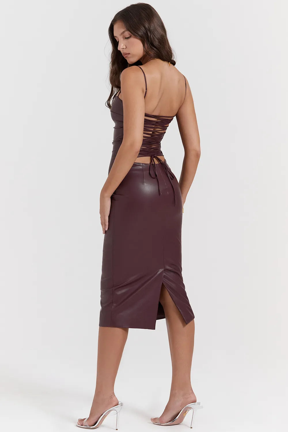 Jalena Mulberry Vegan Leather Lace Back Dress