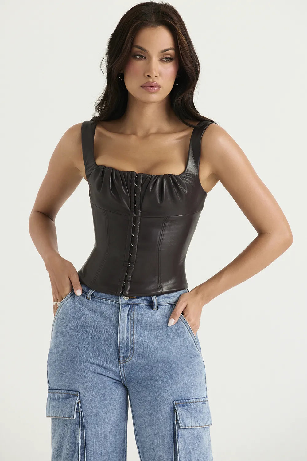 James Bitter Chocolate Vegan Leather Corset