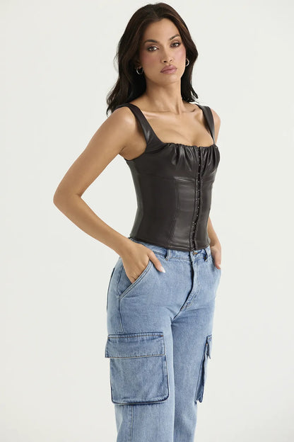 James Bitter Chocolate Vegan Leather Corset