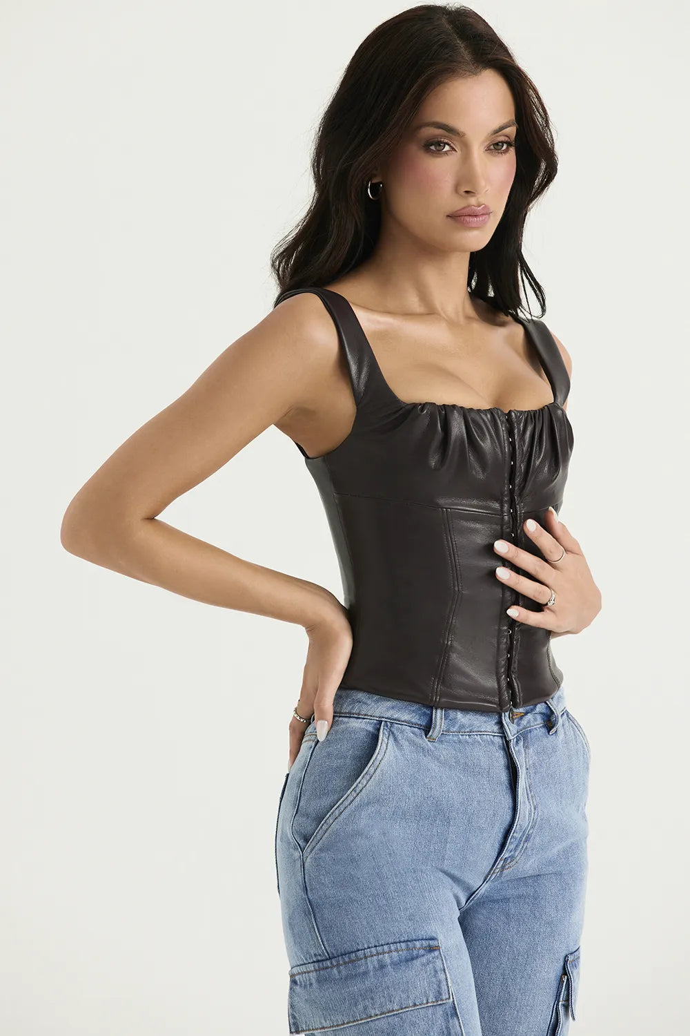 James Bitter Chocolate Vegan Leather Corset