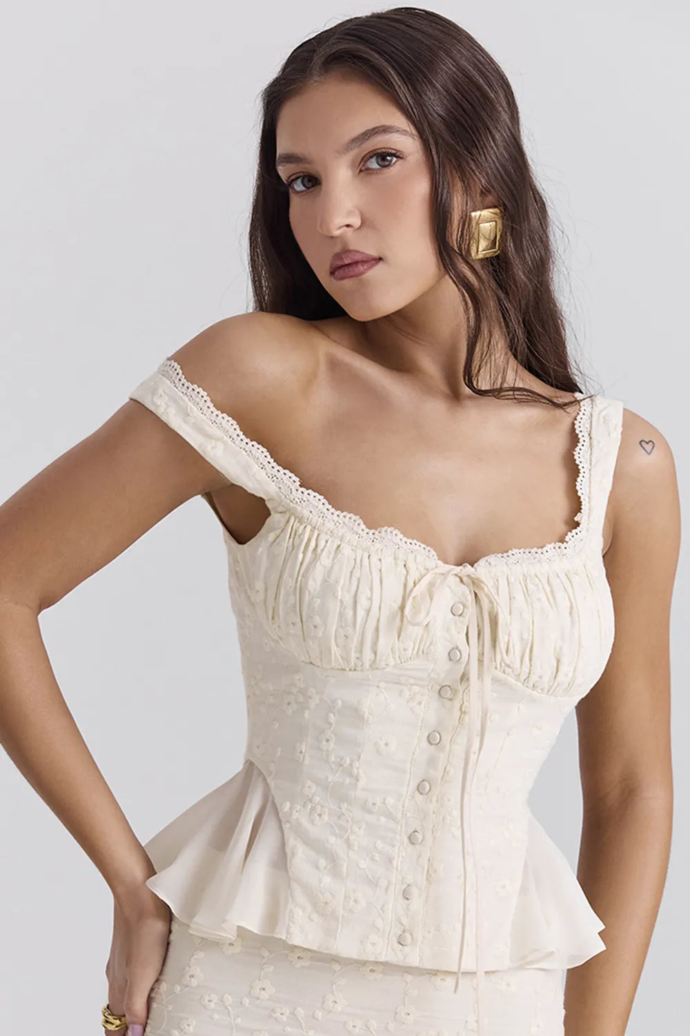 Jean Vintage Cream Cotton Broderie Anglais Peplum Top