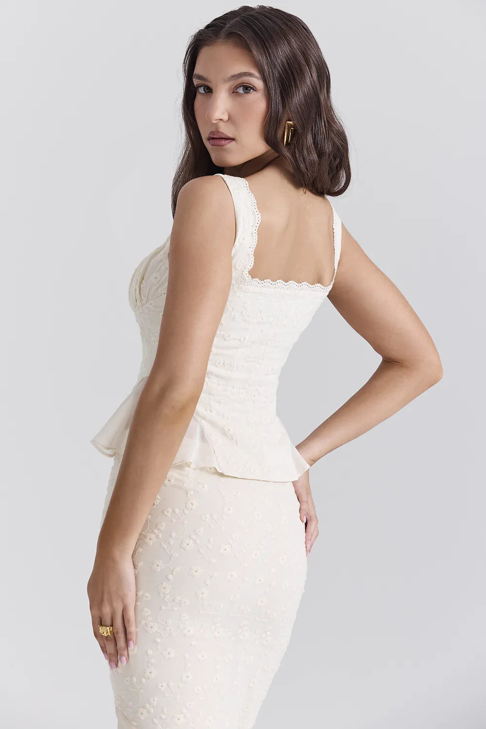 Jean Vintage Cream Cotton Broderie Anglais Peplum Top