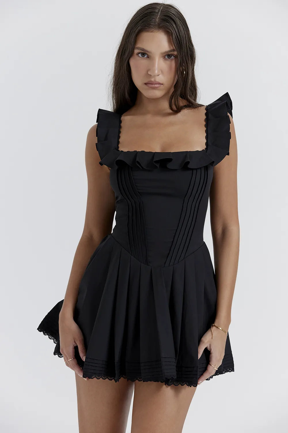 Jemima Black Pin Tuck Pleated Dress