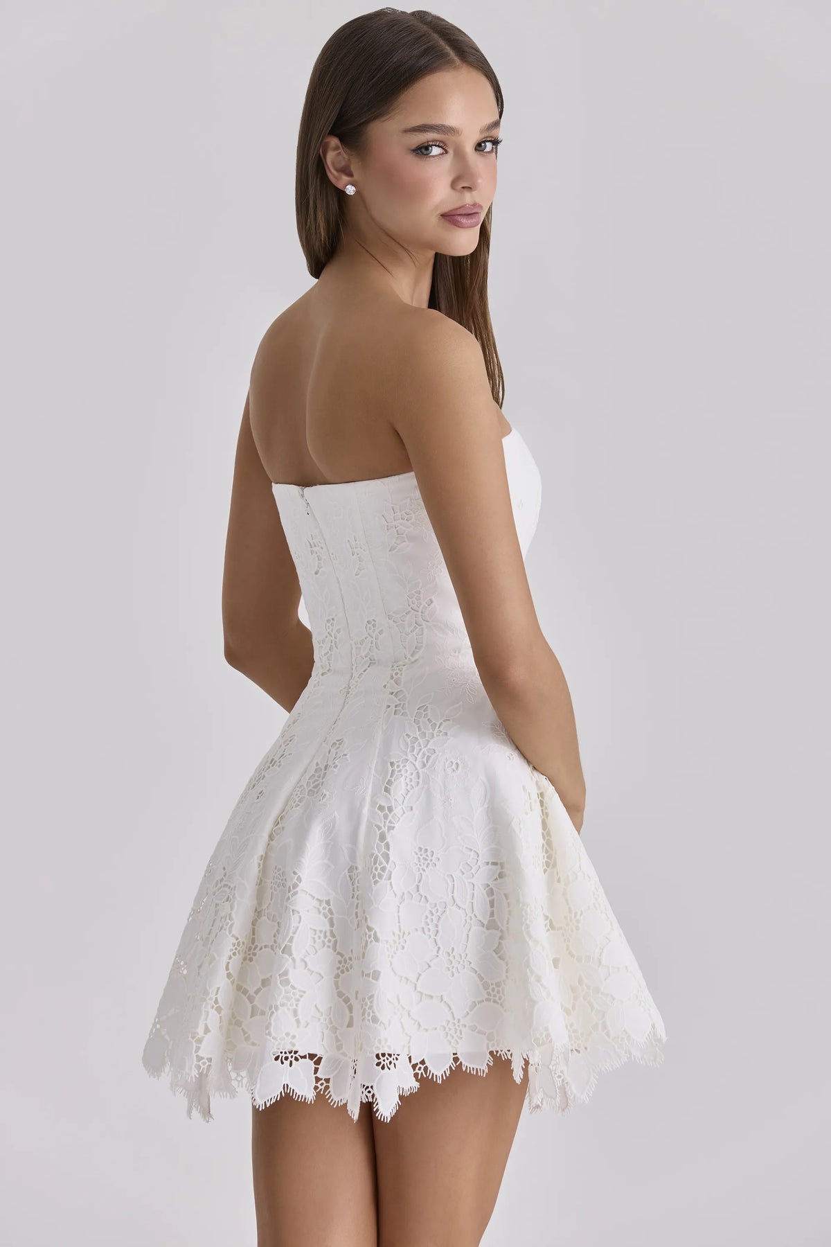 Jemima White Strapless Custom Lace Broderie Anglaise Mini Dress