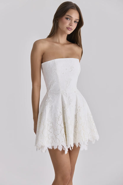 Jemima White Strapless Custom Lace Broderie Anglaise Mini Dress