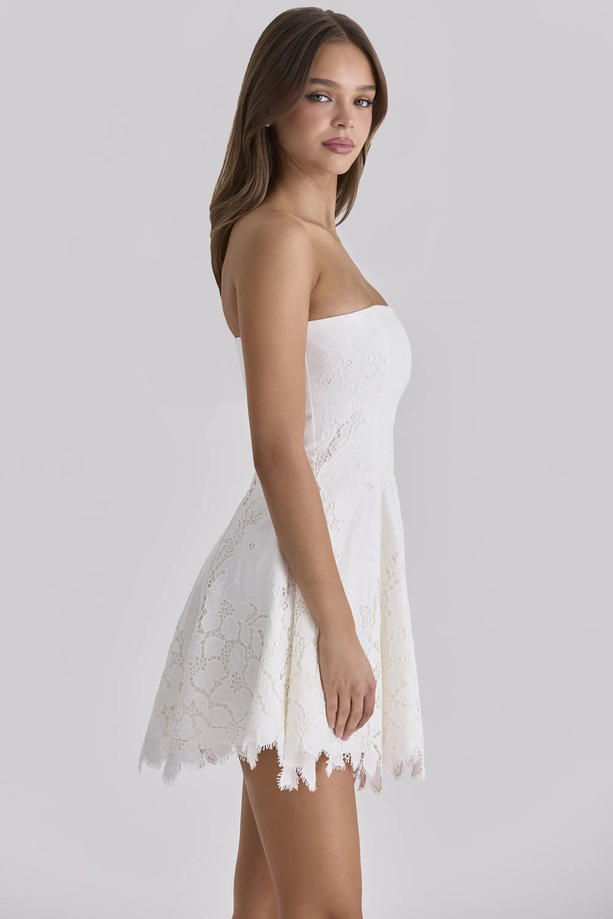 Jemima White Strapless Custom Lace Broderie Anglaise Mini Dress