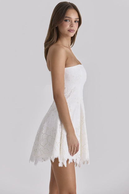 Jemima White Strapless Custom Lace Broderie Anglaise Mini Dress