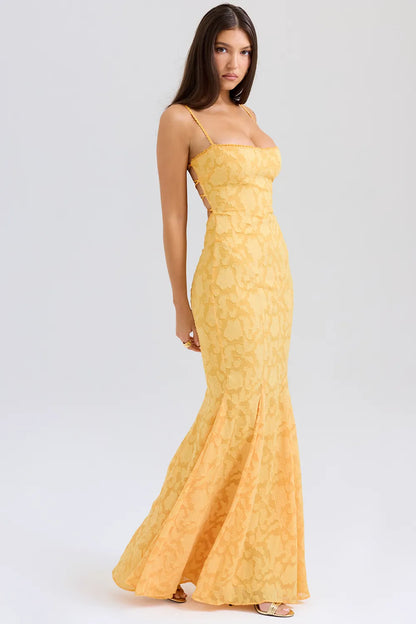 Joan Apricot Lace Up Back Maxi Dress