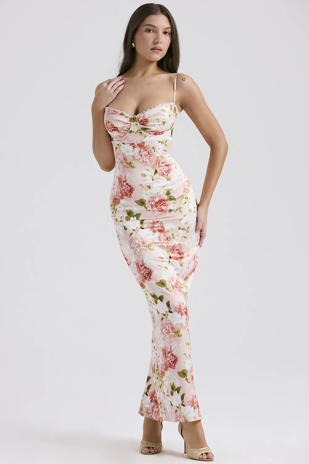 Josefina Pink Peony Print Satin Maxi Dress