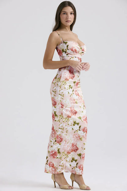 Josefina Pink Peony Print Satin Maxi Dress