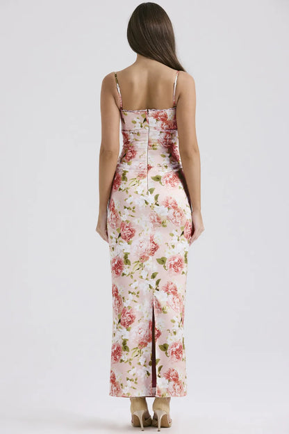 Josefina Pink Peony Print Satin Maxi Dress