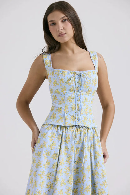 Juana Soft Blue Vintage Floral Print Cotton Top