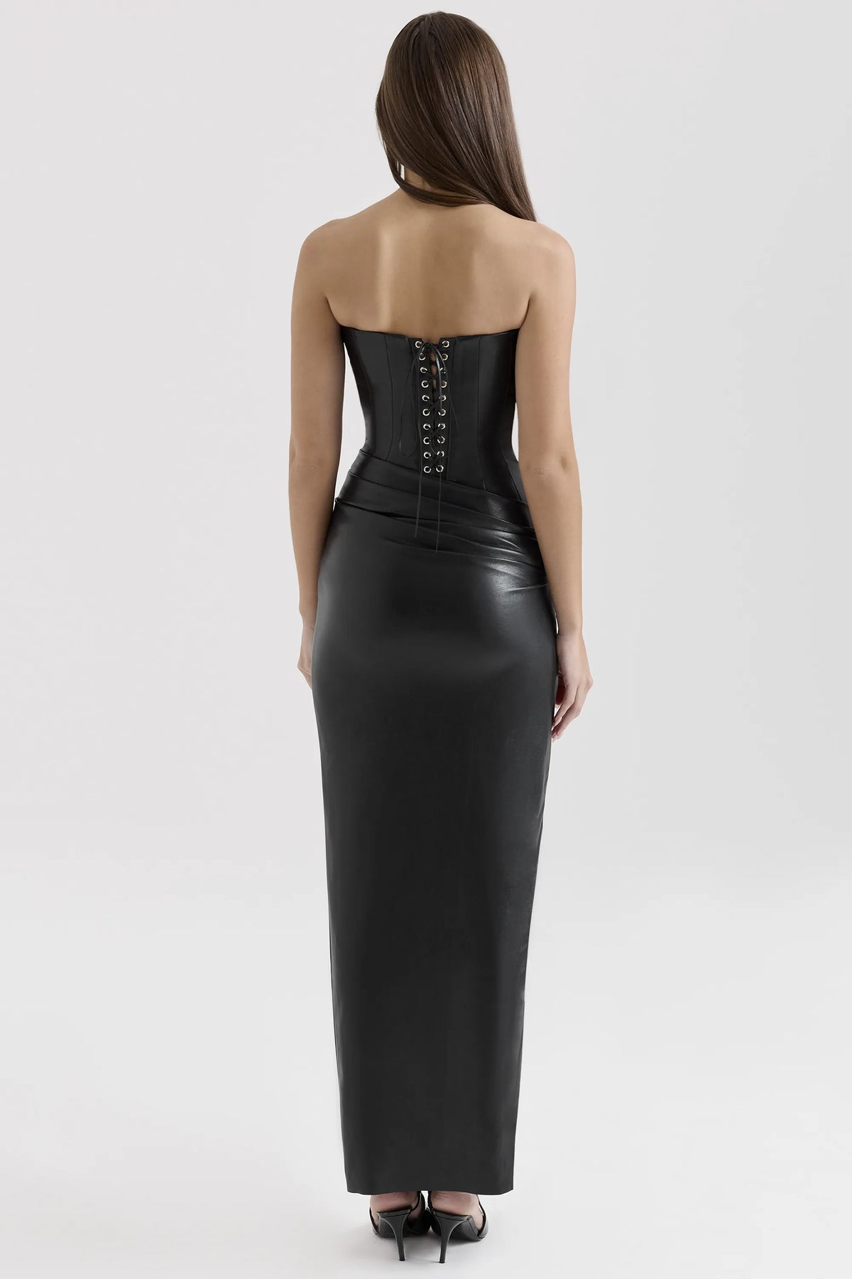 Juliana Black Strapless Vegan Leather Midi Dress