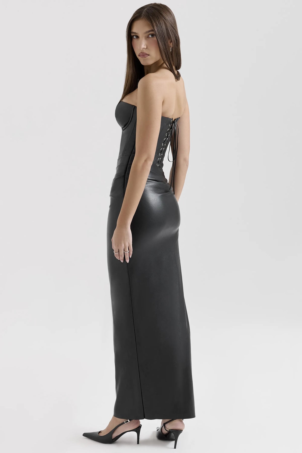 Juliana Black Strapless Vegan Leather Midi Dress