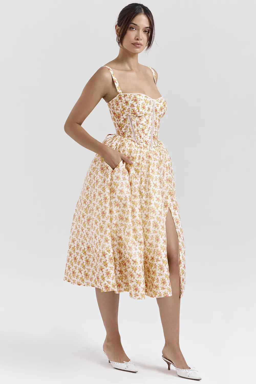 Kelly Royal Rose Print Corset Midi Sundress