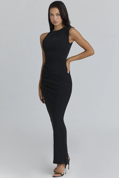Keoni Black Asymmetric Draped Maxi Dress