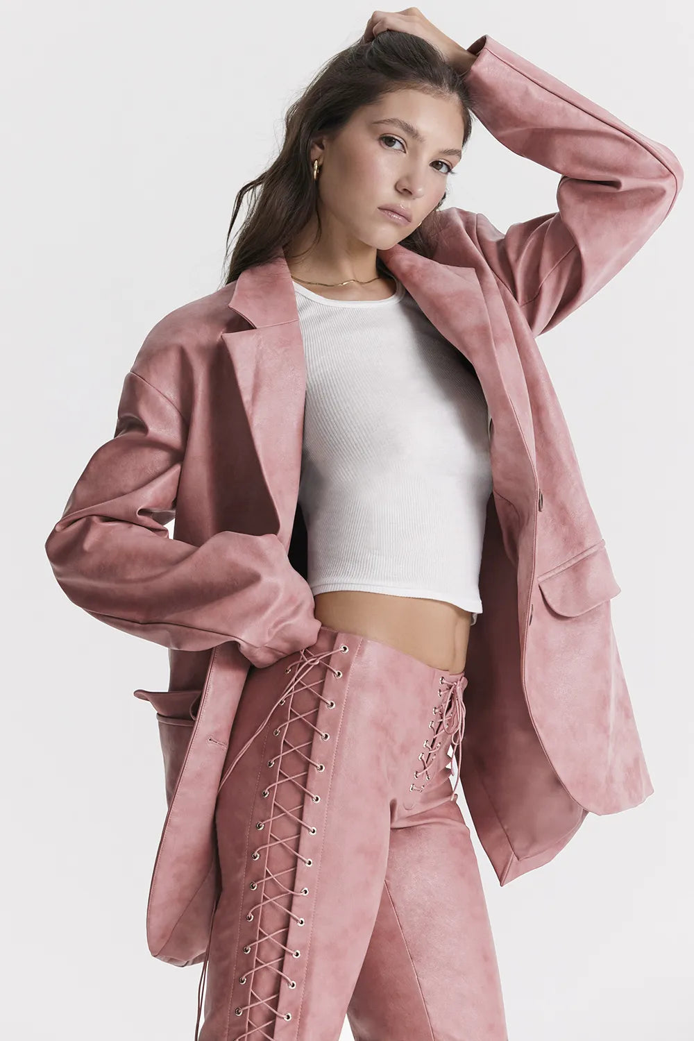 Kiera Warm Pink Vegan Leather Oversized Blazer