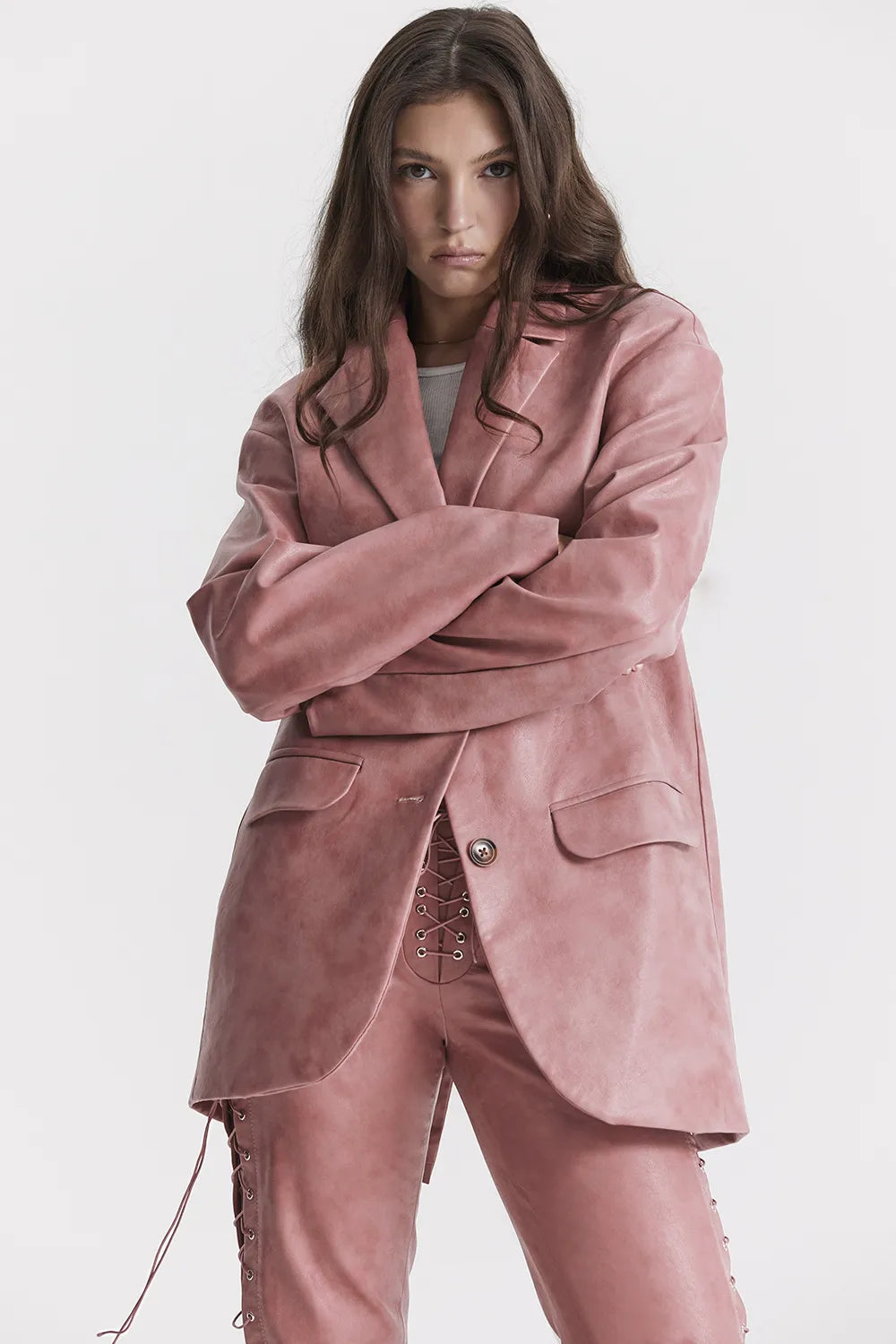 Kiera Warm Pink Vegan Leather Oversized Blazer