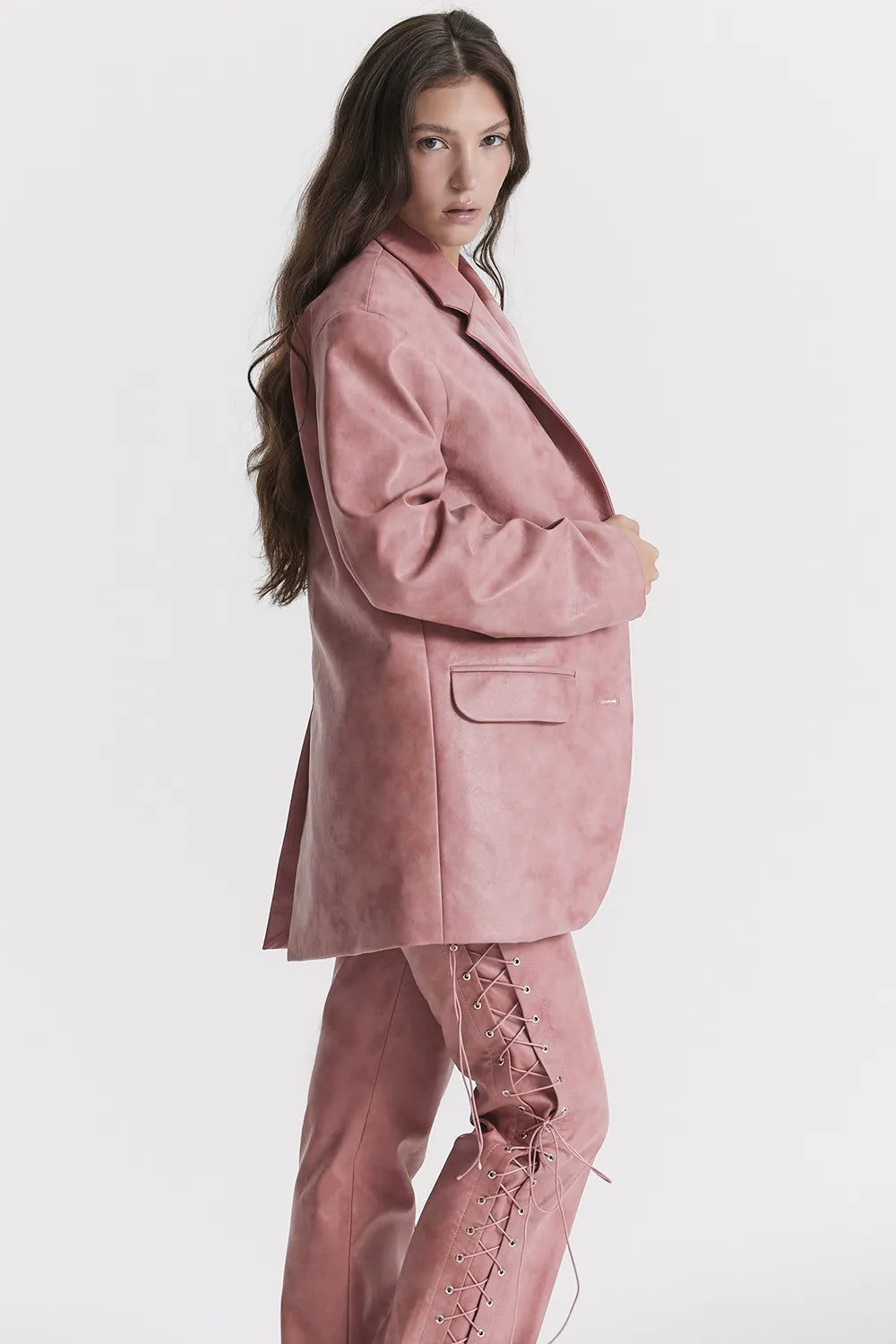 Kiera Warm Pink Vegan Leather Oversized Blazer