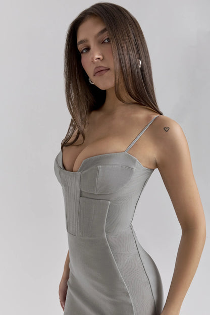 Kiki Light Grey Mesh Panelled Bodycon Midi Dress
