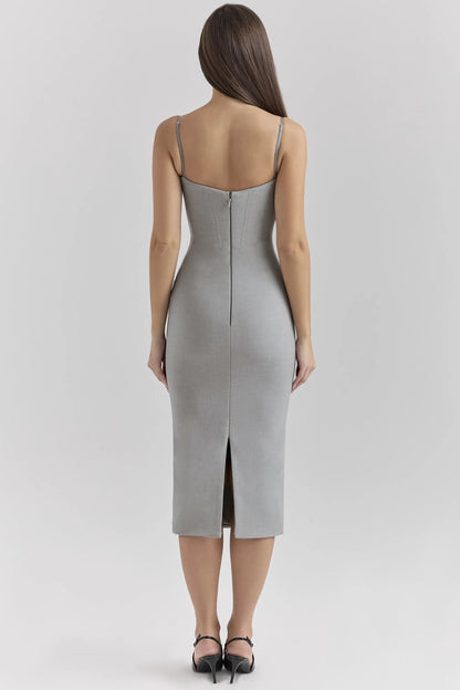 Kiki Light Grey Mesh Panelled Bodycon Midi Dress