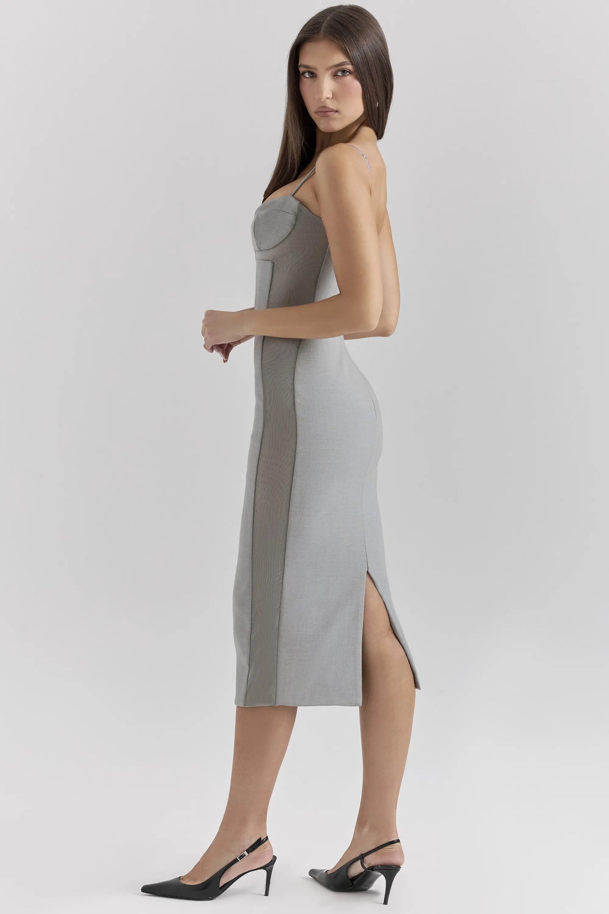 Kiki Light Grey Mesh Panelled Bodycon Midi Dress