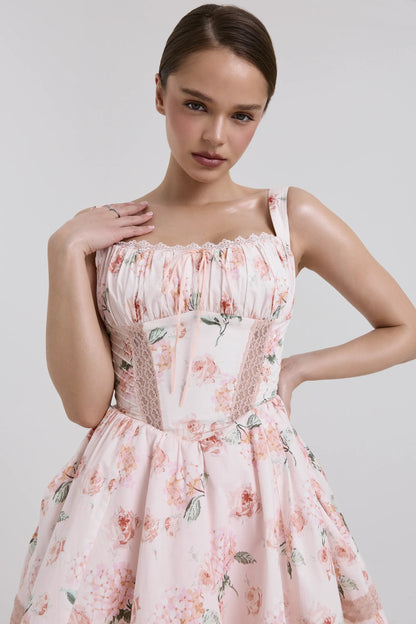 Kimmie Peach Floral Rose Print Cotton Mini Dress