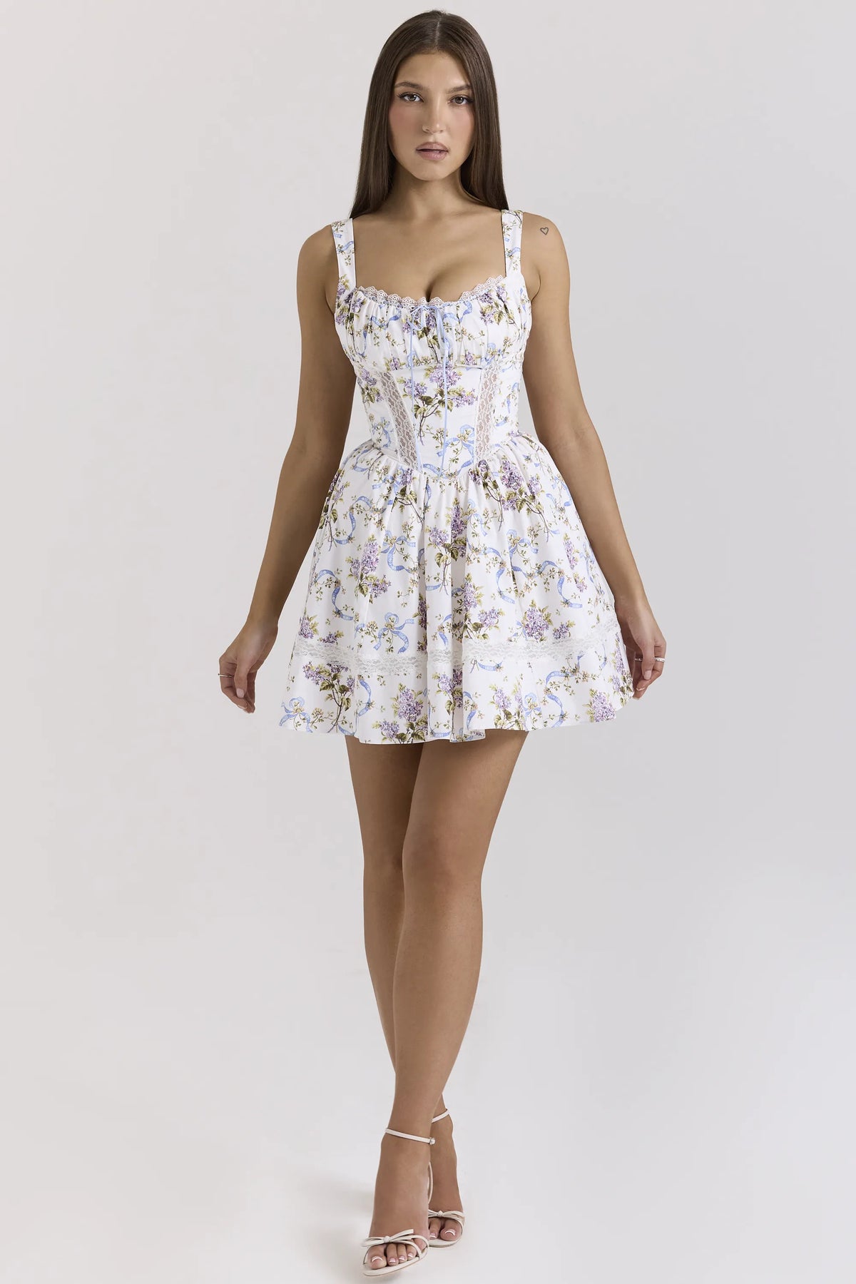 Kimmie White Floral Ribbon Print Cotton Mini Dress