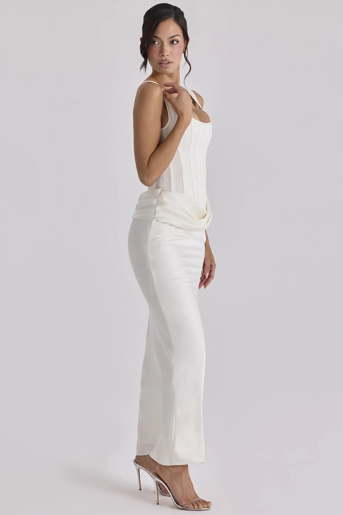 Kira Ivory Satin Gathered Maxi Dress