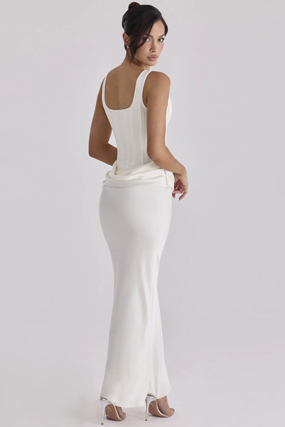 Kira Ivory Satin Gathered Maxi Dress