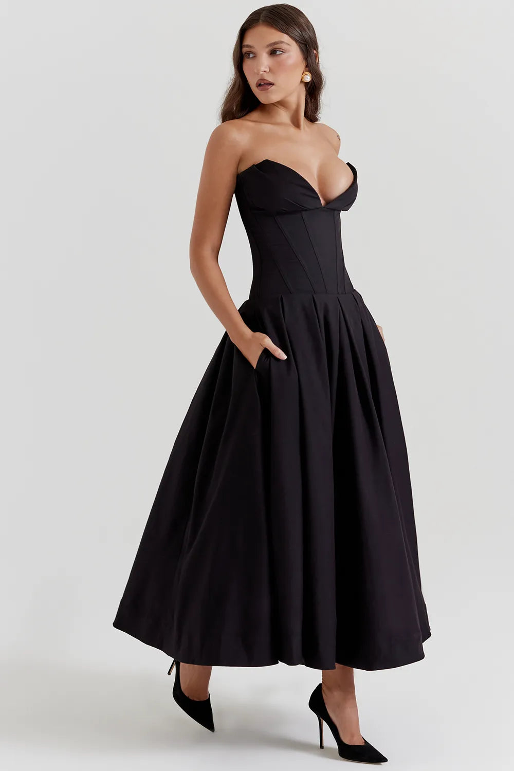 Lady Black Strapless Midi Dress