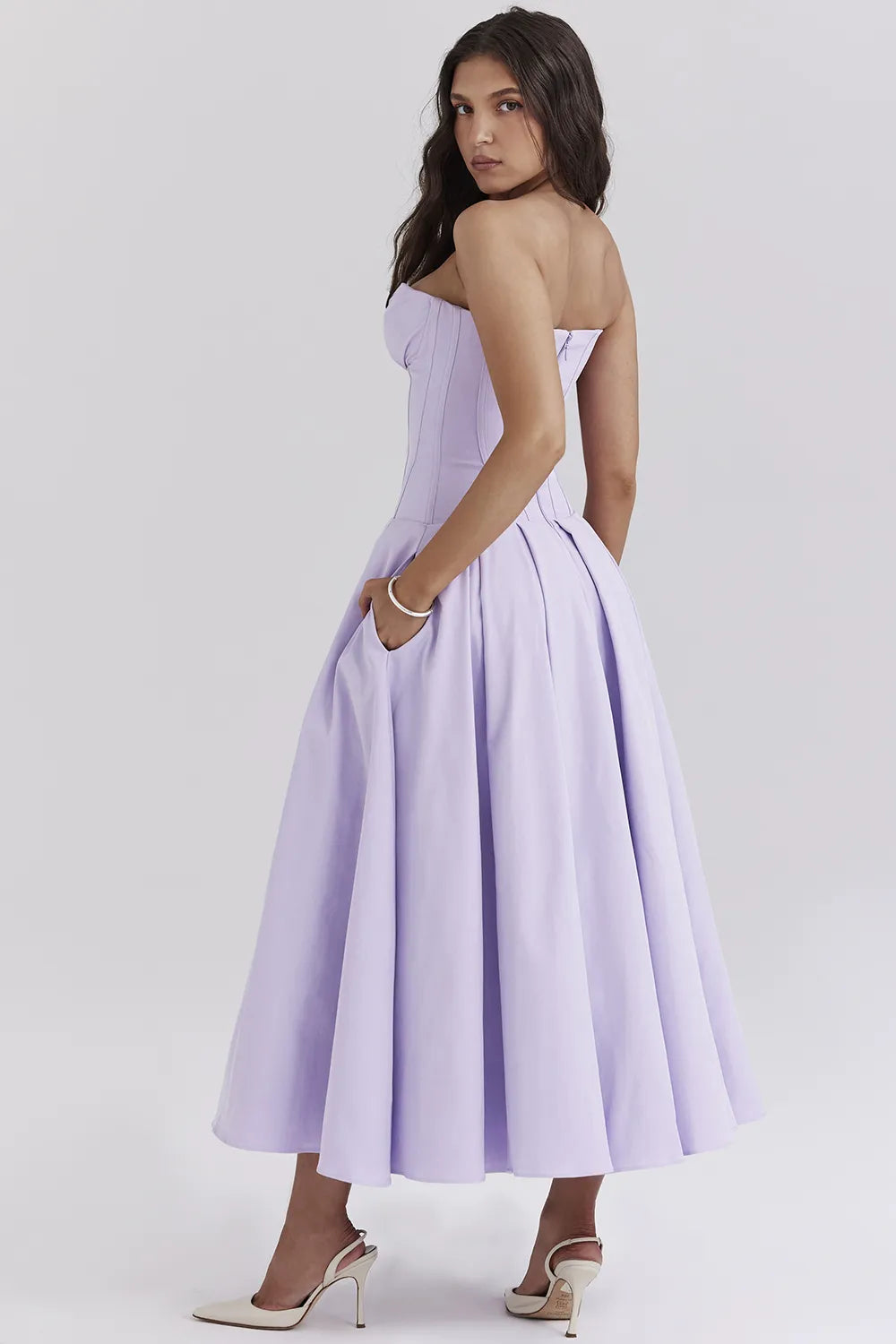 Lady Orchid Twill Strapless Tulle Midi Dress