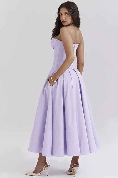 Lady Orchid Twill Strapless Tulle Midi Dress