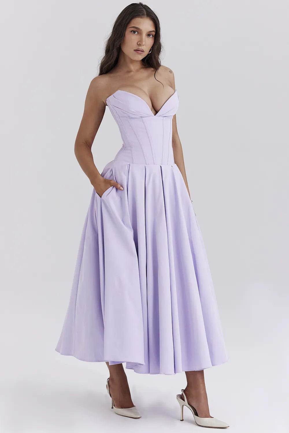 Lady Orchid Twill Strapless Tulle Midi Dress