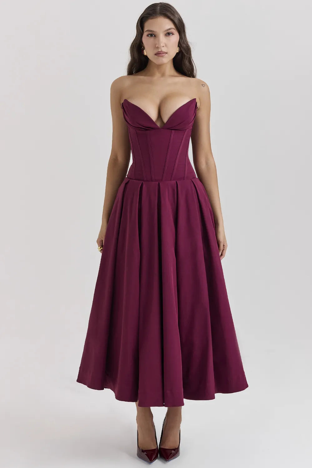 Lady Wine Strapless Midi Dress