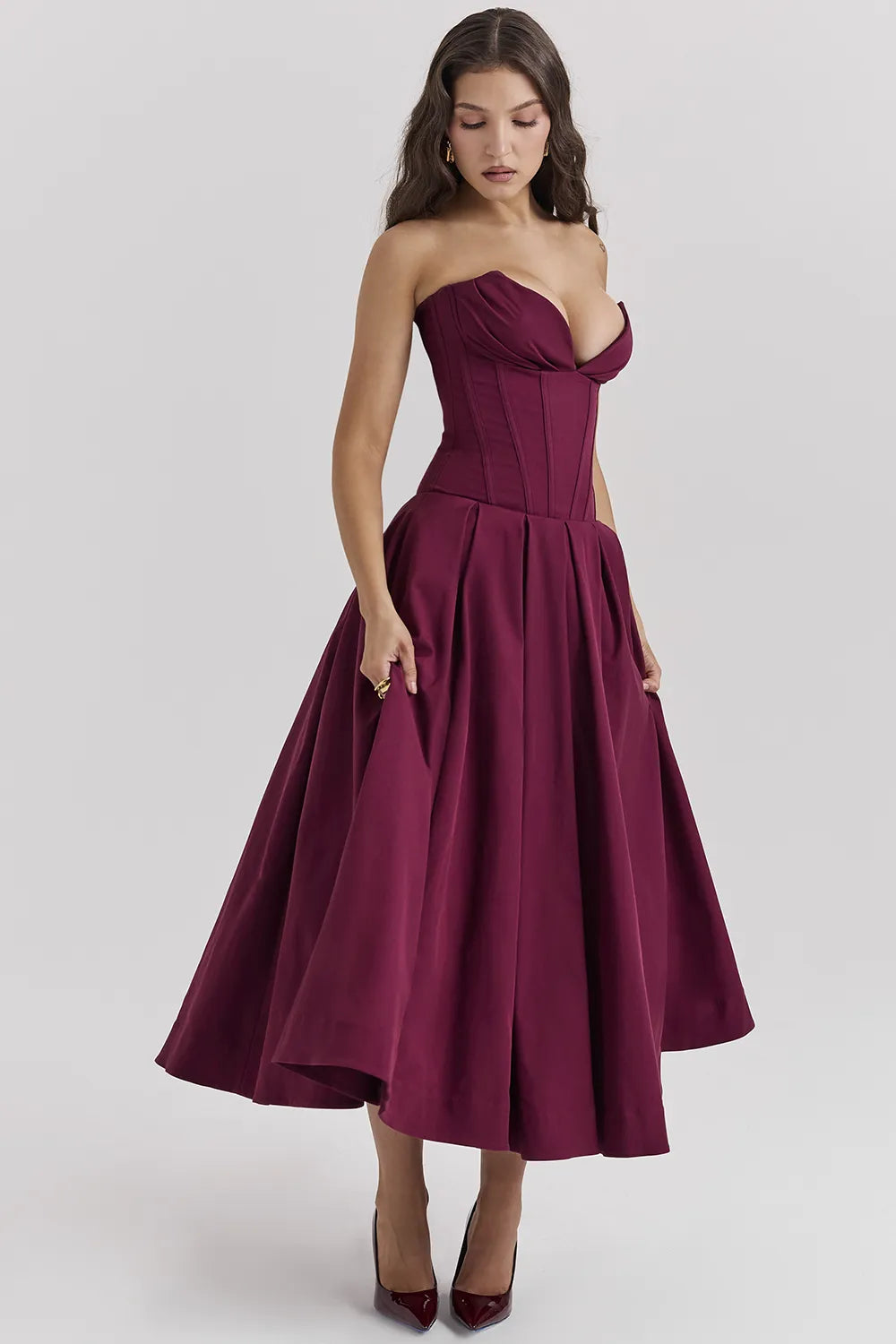 Lady Wine Strapless Midi Dress
