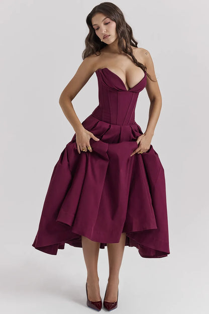 Lady Wine Strapless Midi Dress