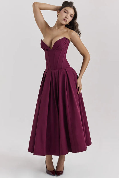 Lady Wine Strapless Midi Dress