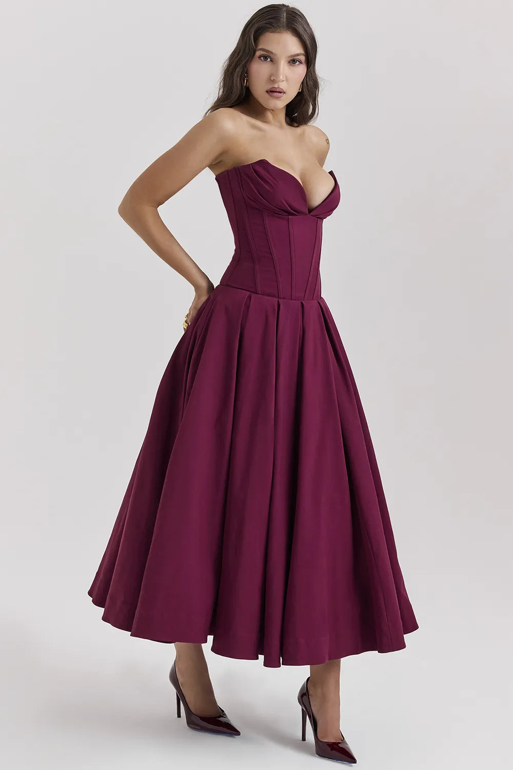 Lady Wine Strapless Midi Dress