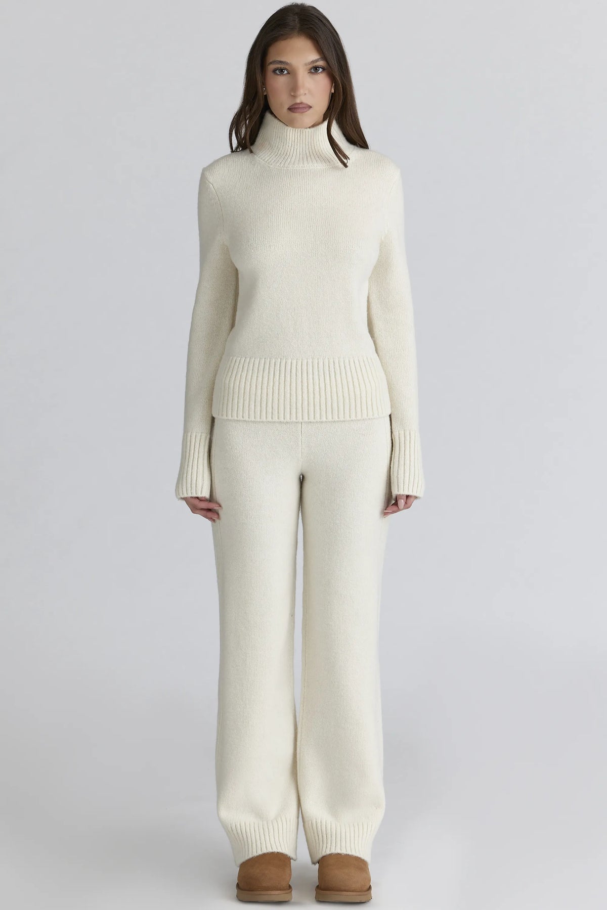 Lara Ivory Merino Wool Ribbed Knit Trousers